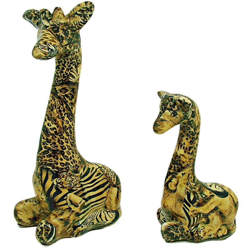 La Vie 1980's Ceramic Giraffe Mother & Baby Safari Patchwork Figurines 2 Pieces